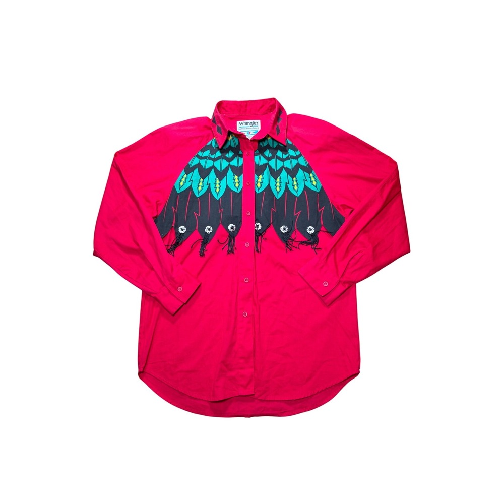 Vintage Wrangler Western Shirt Red Graphic Yoke Concho Fringe Cotton Womens M
